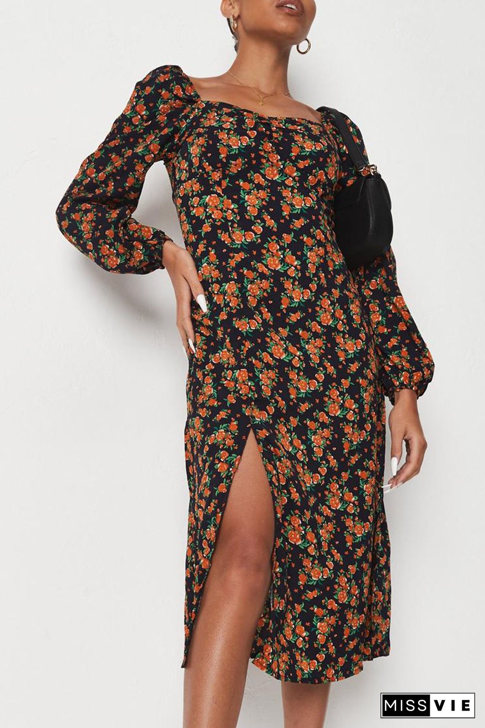 Fashion Elegant Print Slit Square Collar A Line Dresses