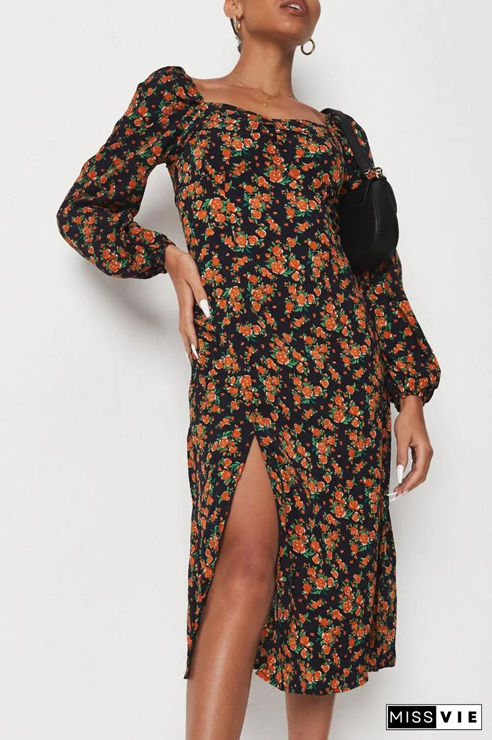 Fashion Elegant Print Slit Square Collar A Line Dresses