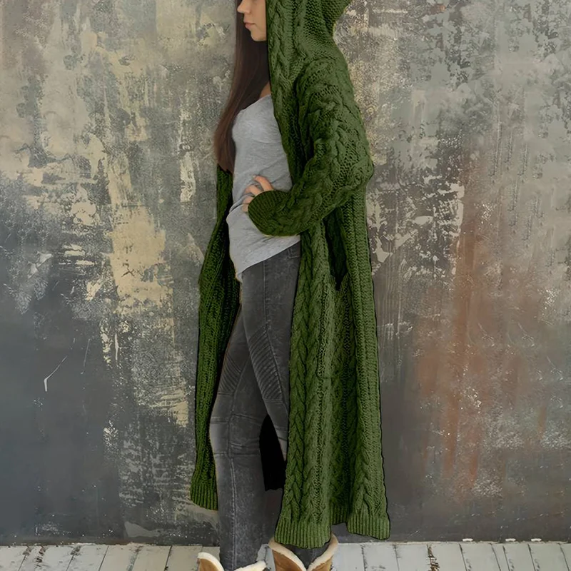 Women'S Solid Color Hooded Knitted Cardigan