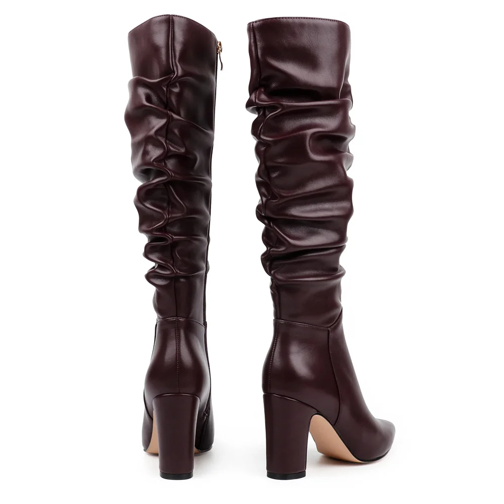 3.35"/8.5cm Women's Knee Boots Chunky Heels Zipper Fashion Sexy Matte Slouchy Boot-MERUMOTE