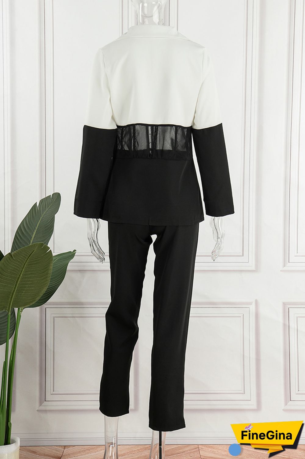 Pale Red Casual Patchwork Contrast Turndown Collar Long Sleeve Two Pieces