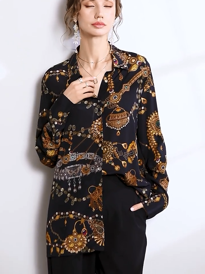 Vintage Royal Print Silk Blouse-Real Silk Life