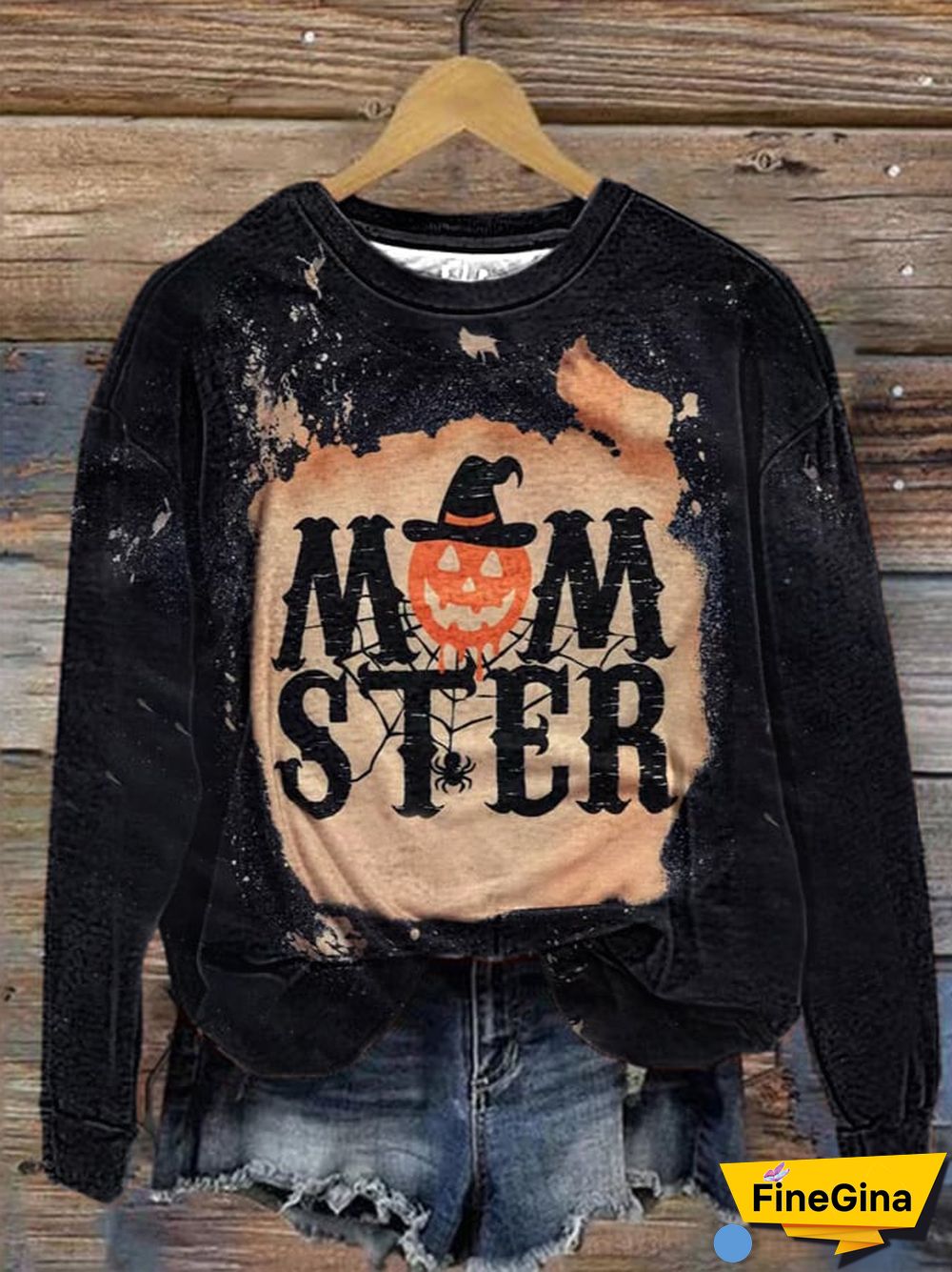 Women's Halloween Momster Pumpkin Face Bleached Print Sweatshirt