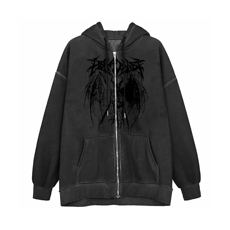 Xingqing Women Full Zip Hoodies Fashion Portrait Print Long Sleeve Loose Sweatshirt Tops Y2K Aesthetic Ladies Clothes Streetwear