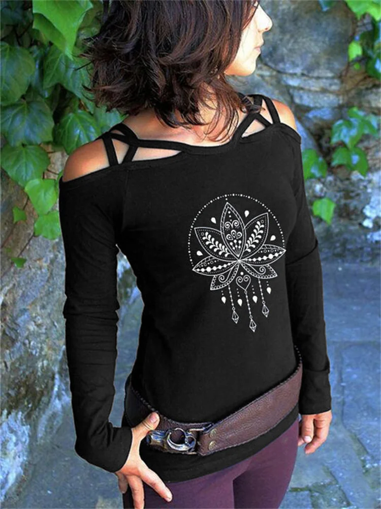 Lotus Totem Hollow Shoulder T Shirt