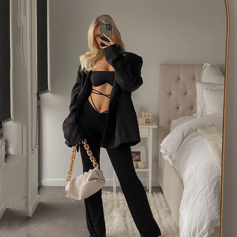 Articat Black Sexy Sleeveless Two Pieces Sets Women Halter Bandage Crop Top Flare Pants Slim Matching Set Backless Club Outfits