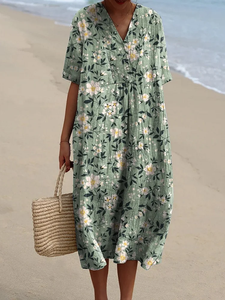 Women's Small Flower Print On Green Background Print Pocket Linen Dress