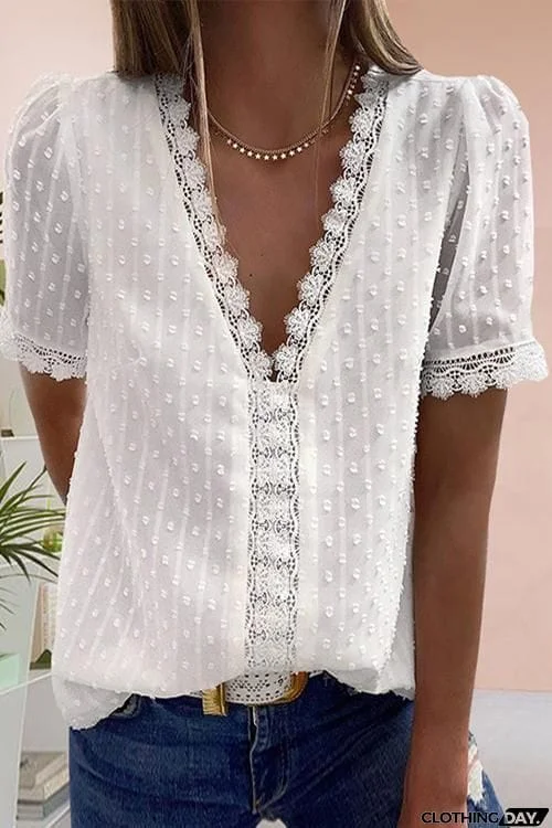 Lace V Neck Puff Short Sleeves Blouses