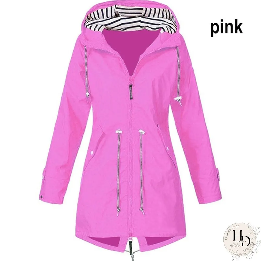 Women Waterproof Zipper Rain Jacket Solid Color Ladies Outdoor Mountaineering Lightweight Raincoats Plus Size S-5XL