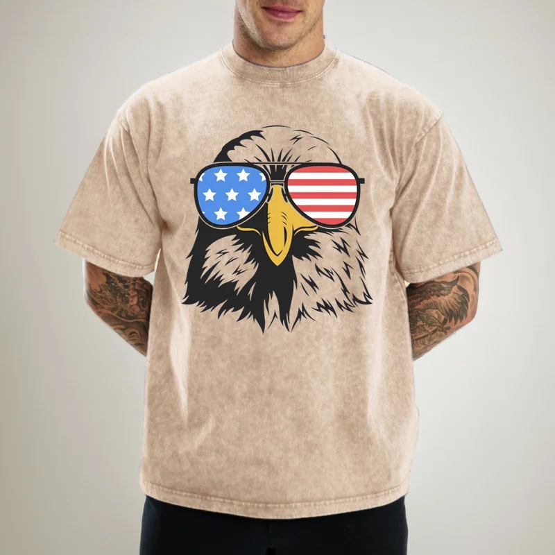 American Flag Eagle Glasses Men's Acid Wash Loose T-Shirt
