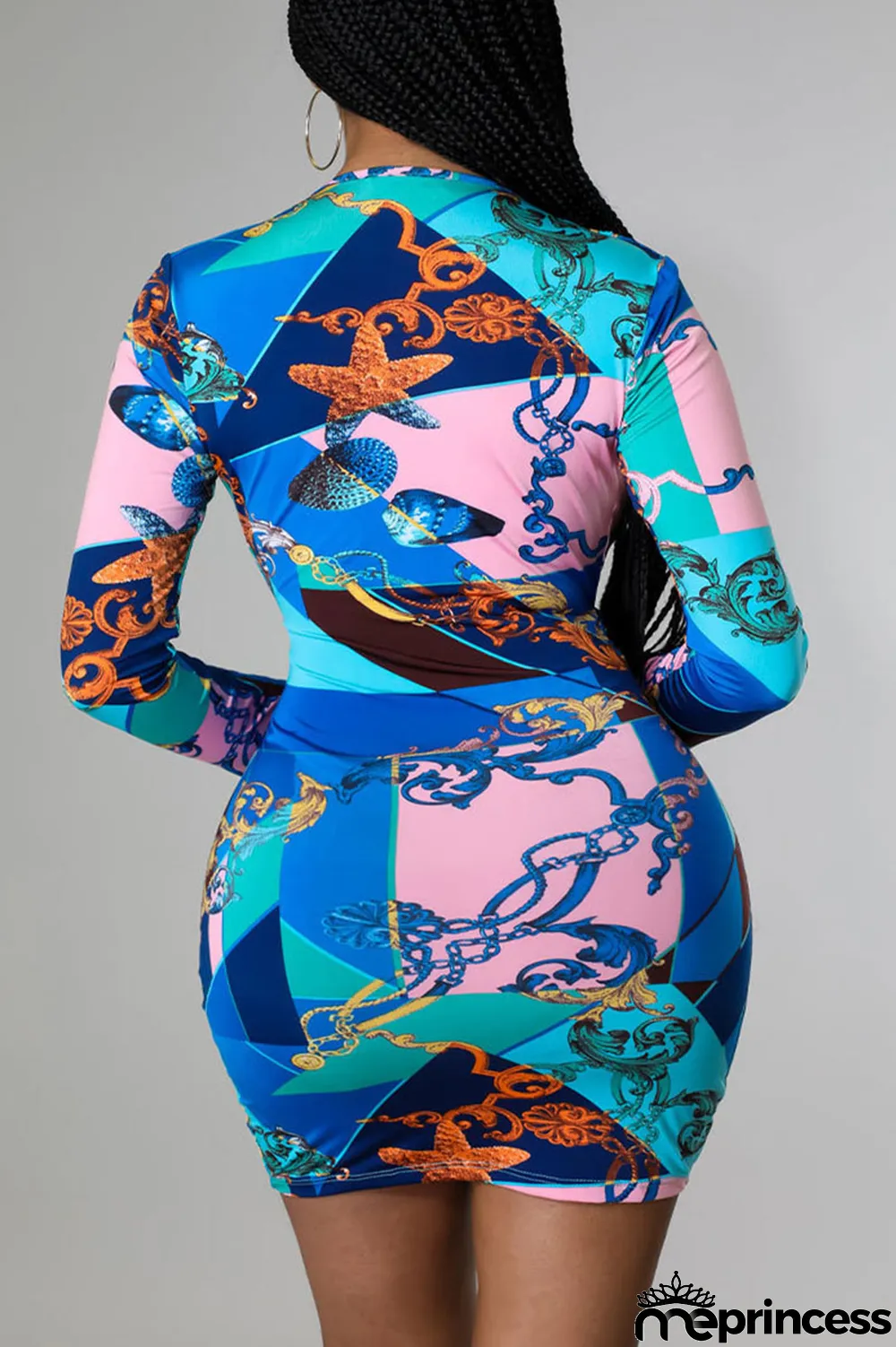 Blue Sexy Print Patchwork V Neck Pencil Skirt Dresses
