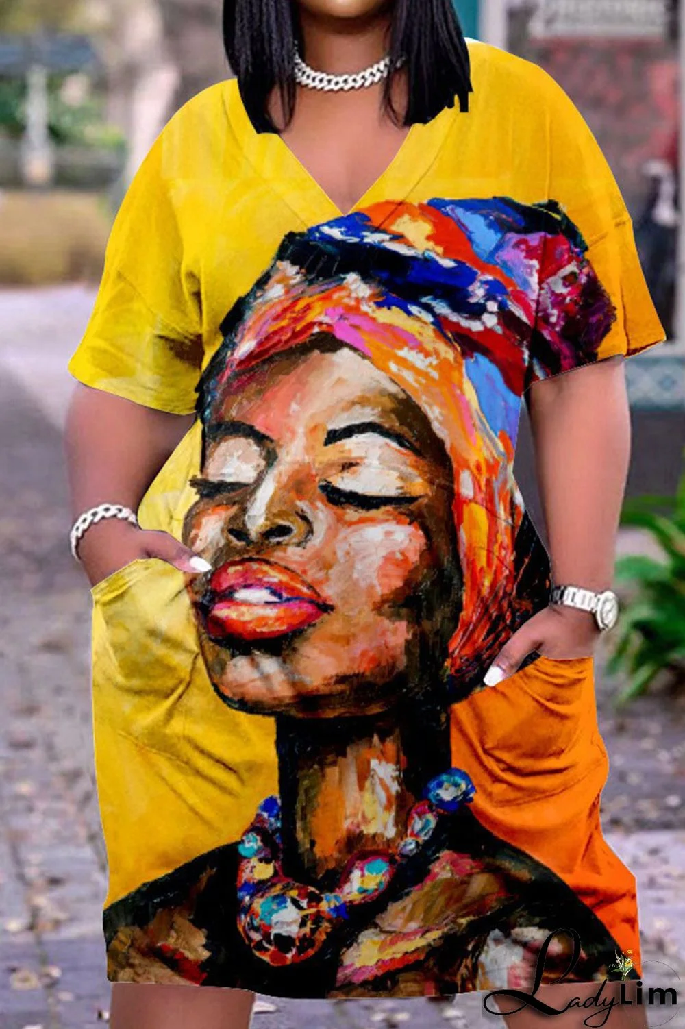 Beige Casual Street Print Patchwork V Neck Straight Dresses