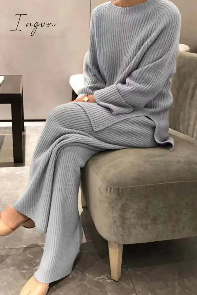 Ingvn - Casual Solid Color O Neck Long Sleeve Two Pieces(5 Colors) Grey / S Pieces/Two-Piece Pants