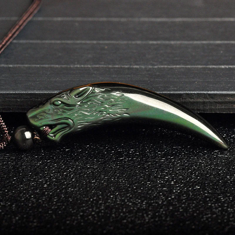 Natural Black Obsidian Ice Obsidian Rainbow Obsidian Wolf Tooth Pattern Strength Necklace Pendant