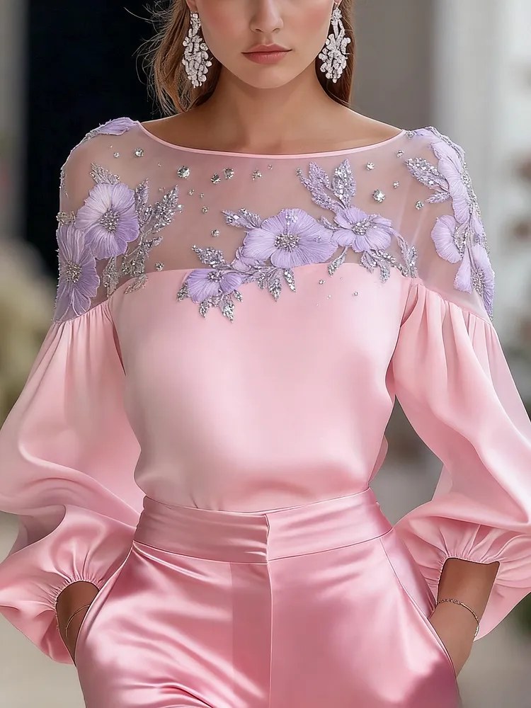 Women's Fashion Shirt with Mesh Embroidered long sleeve Top