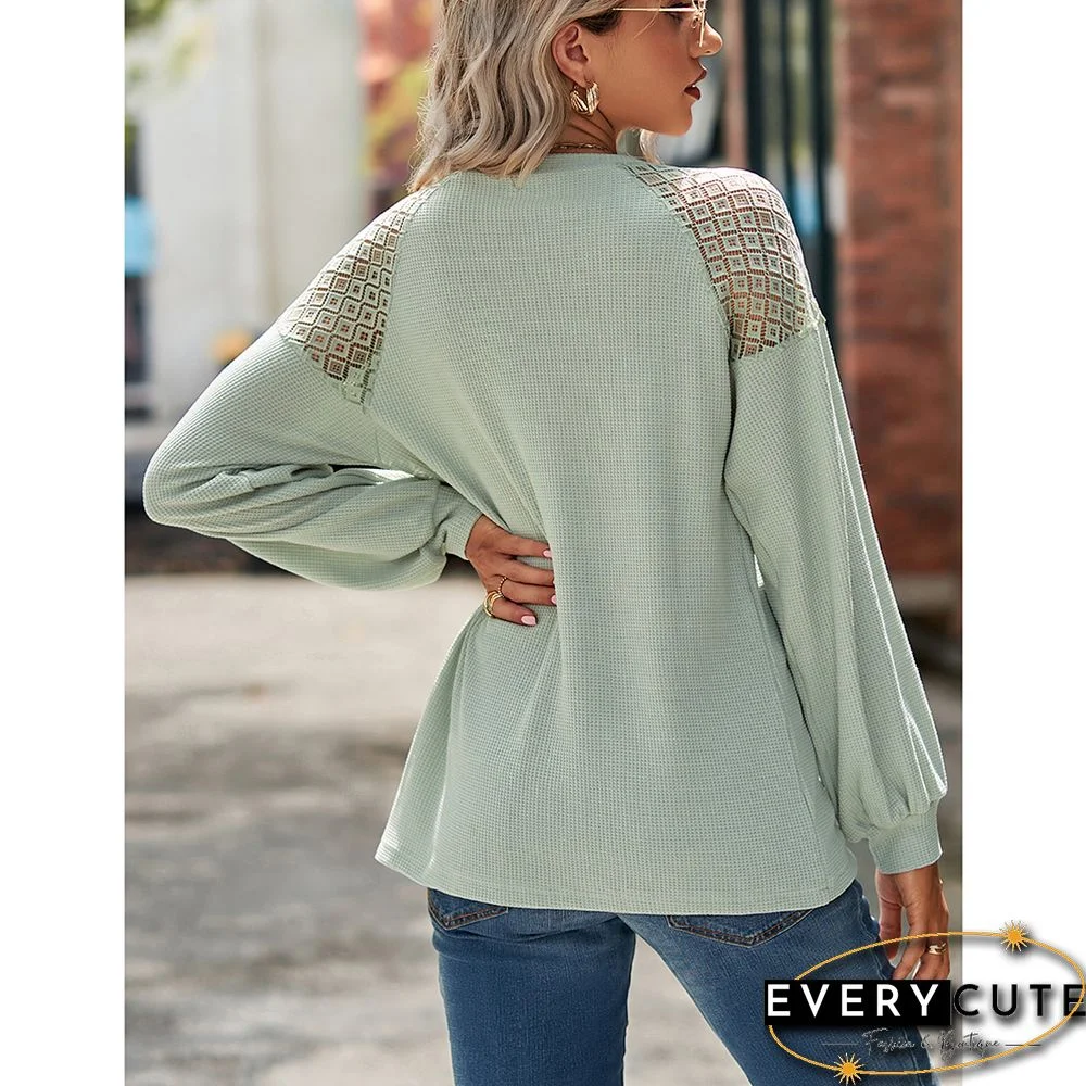 Pea Green Waffle Splicing Lace Round Neck Long Sleeve Tops