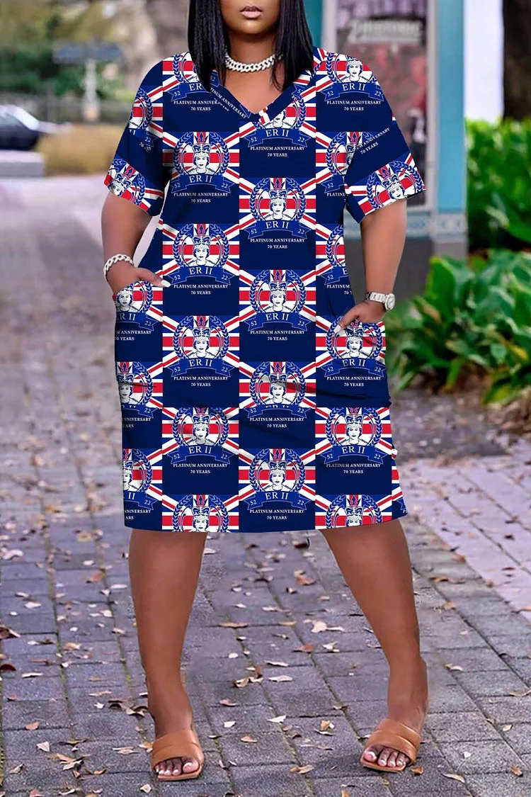 Plus Size Daily Blue Graphic V Neck Short Sleeve Pocket Casual Midi Dresses 2024 - Xpluswear