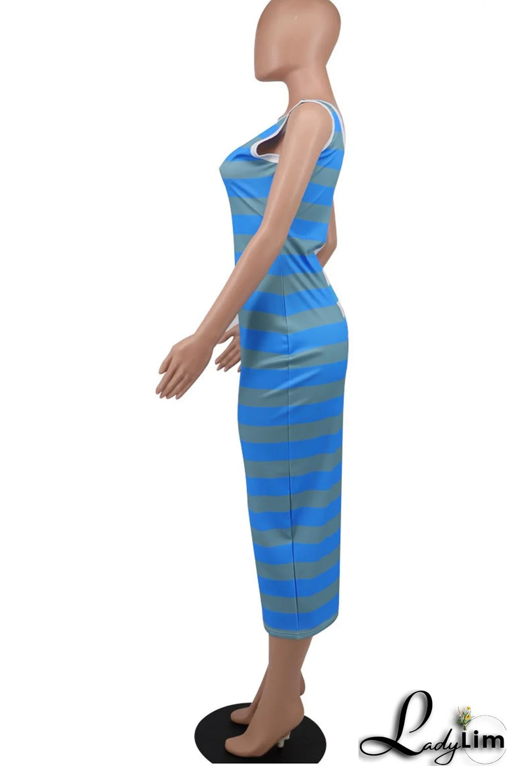 Blue Casual Striped Print Patchwork U Neck Pencil Skirt Dresses