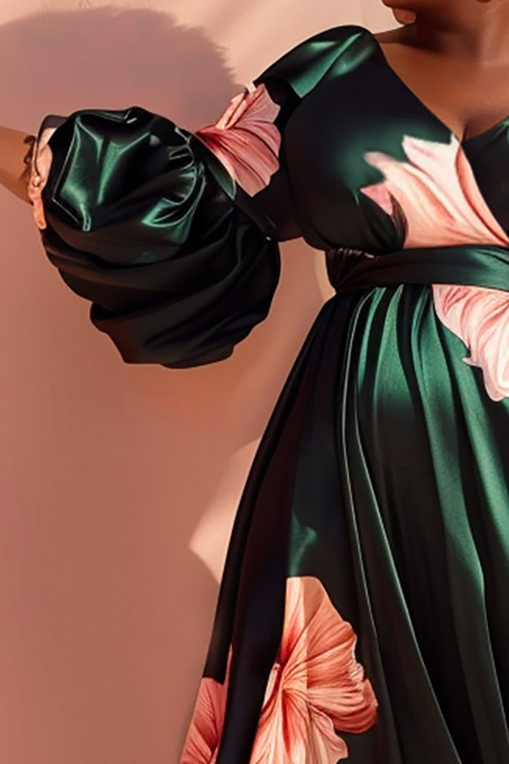 Design Plus Size Vacation Elegant Green Floral V Neck Lantern Sleeve Satin Maxi Dresses [Pre-Order]