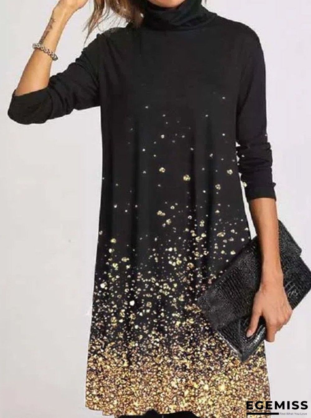 Casual Print High Neck Long Sleeves Shift Dress Black Dresses | EGEMISS