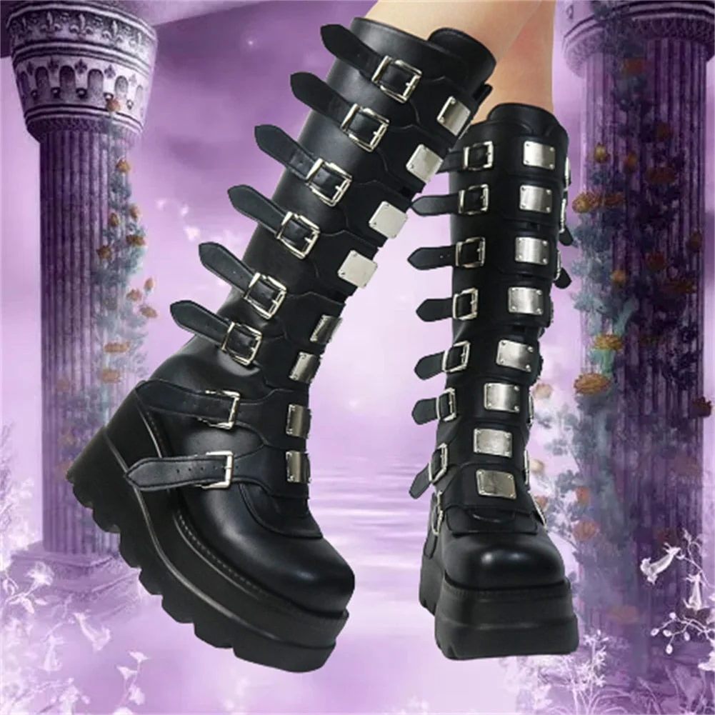 Vstacam Halloween Brand New Autumn Winter Women's Knee High Boots Gothic Punk Wedges High Heels Platform Motorcycle Boots Cosplay Shoes For Woman