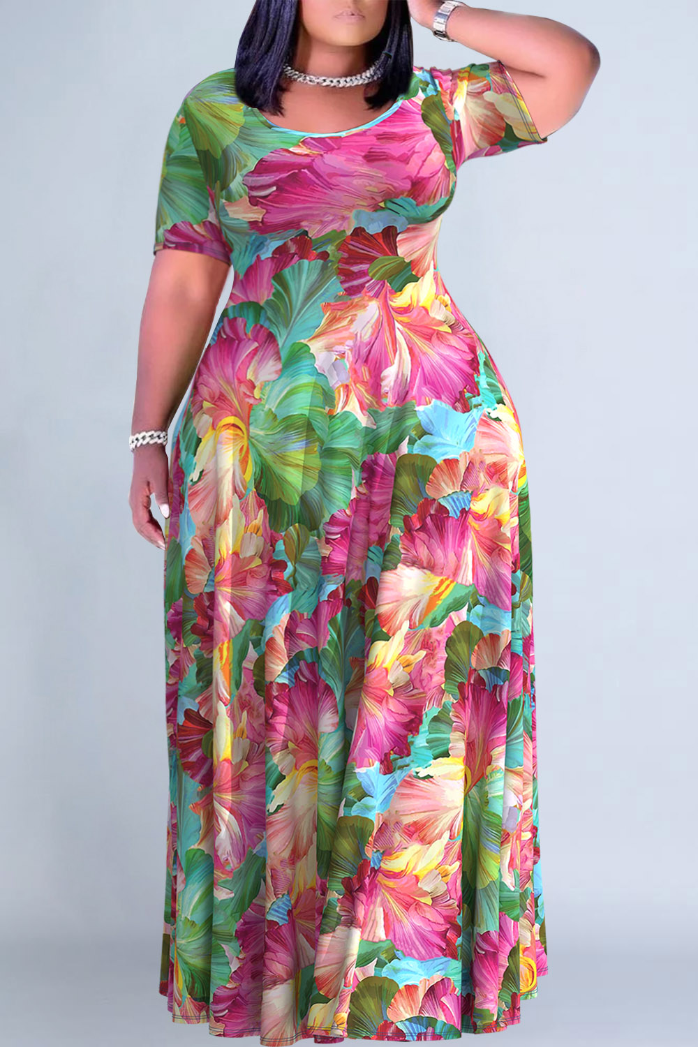 Plus Size Printed Round Neck Short Sleeve Maxi Dress