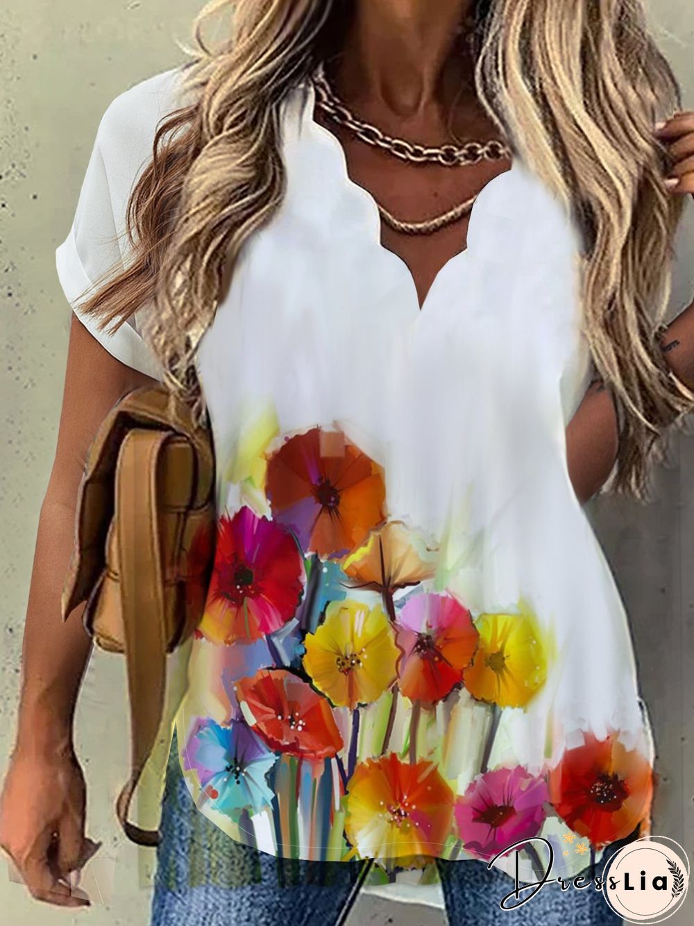 Vacation Floral Printed Casual Loosen V Neck Shirt Sleeve Short Sleeve Tops