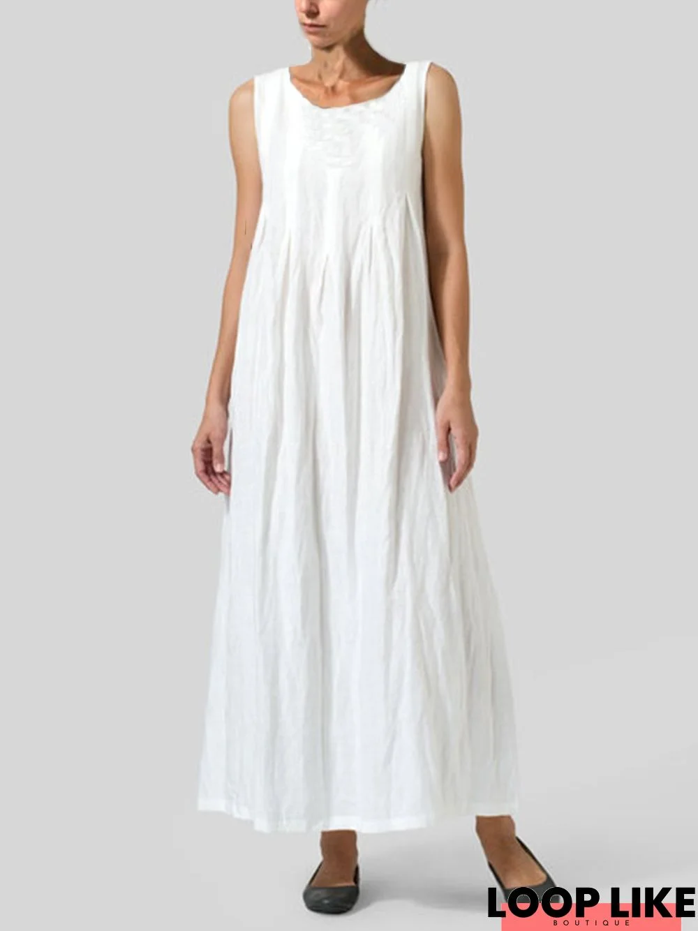 Round Neck Plain Casual Cotton-Blend Casual dress White Dresses Linen