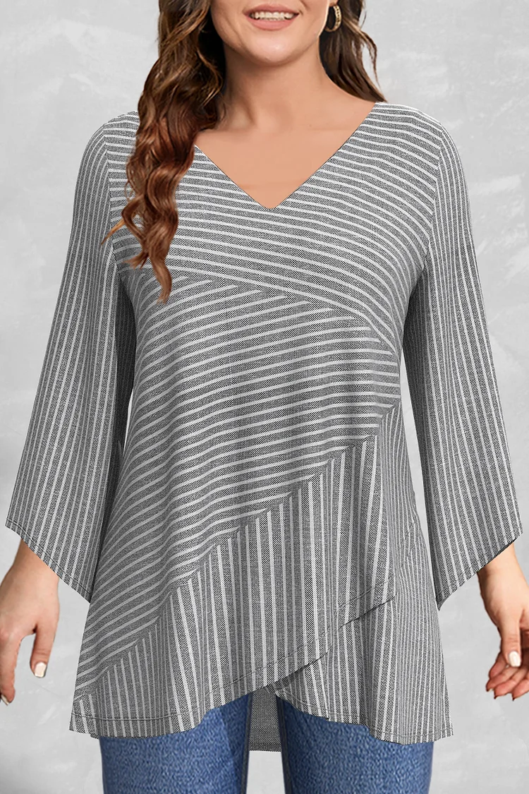 Flycurvy Plus Size Casual Grey Linen Striped Print V Neck Asymmetric Flare Sleeve Hem Blouse  Flycurvy [product_label]