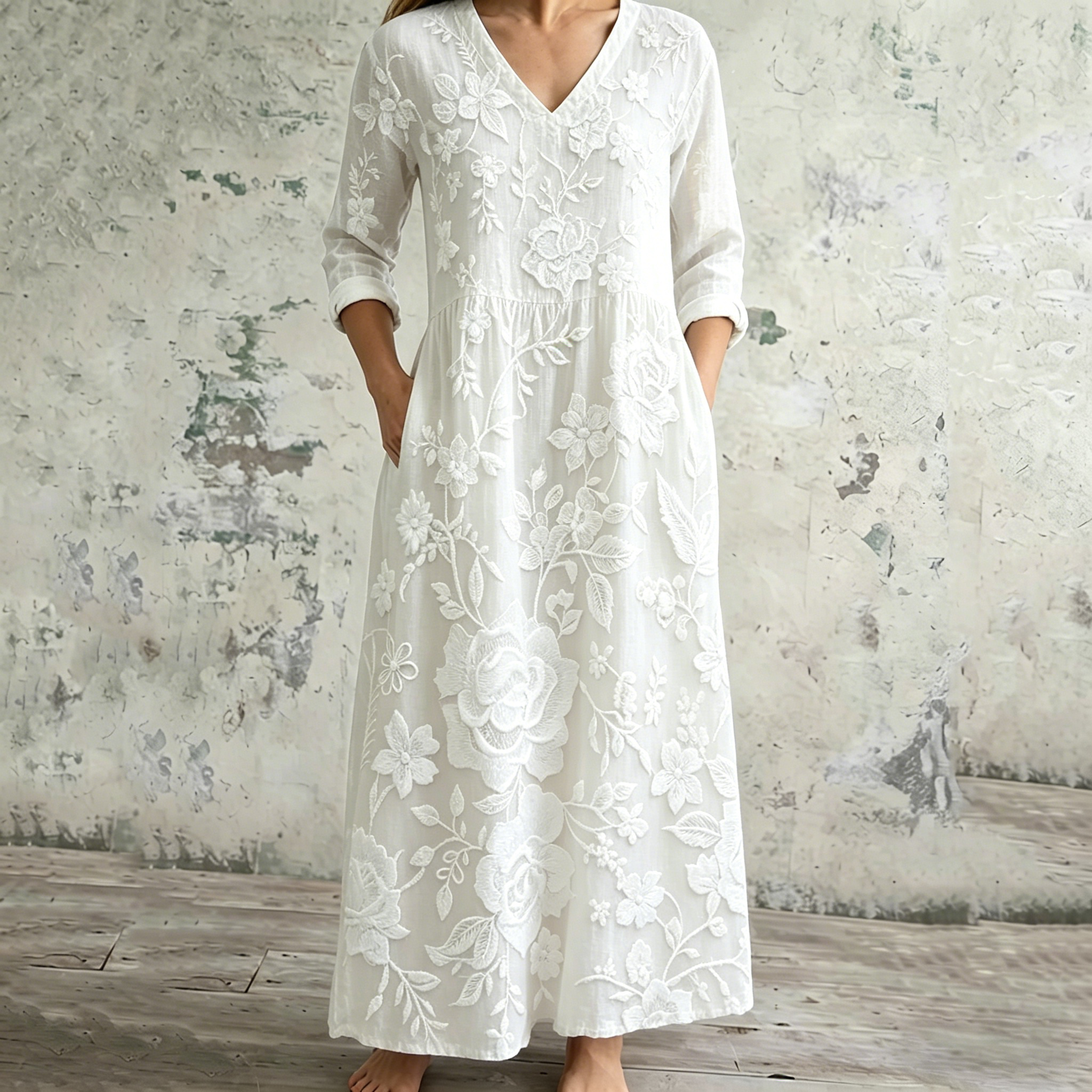 Comstylish Women's Vintage Floral Art Casual Linen Dress