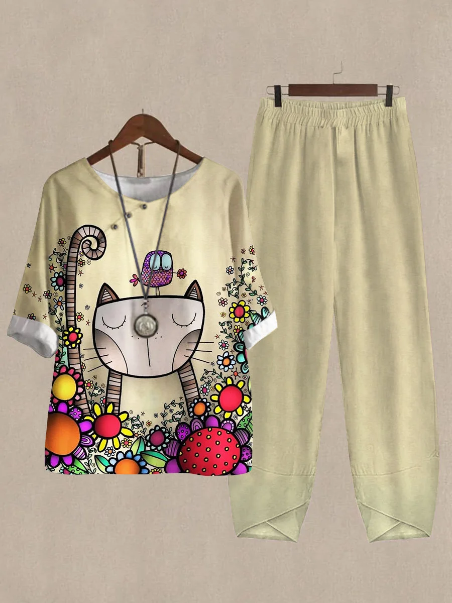 Linen Casual Women's Cat And Bird Print Two Pieces Set