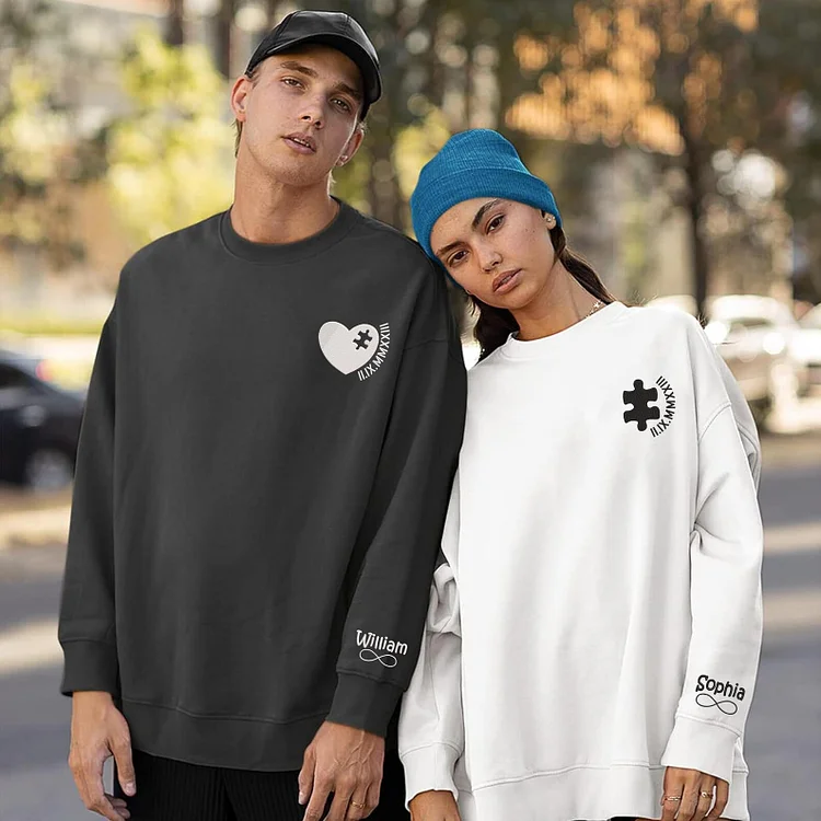 Personalized Heart and Puzzle with Roman Numeral Embroidered Matching Couple Sweatshirt