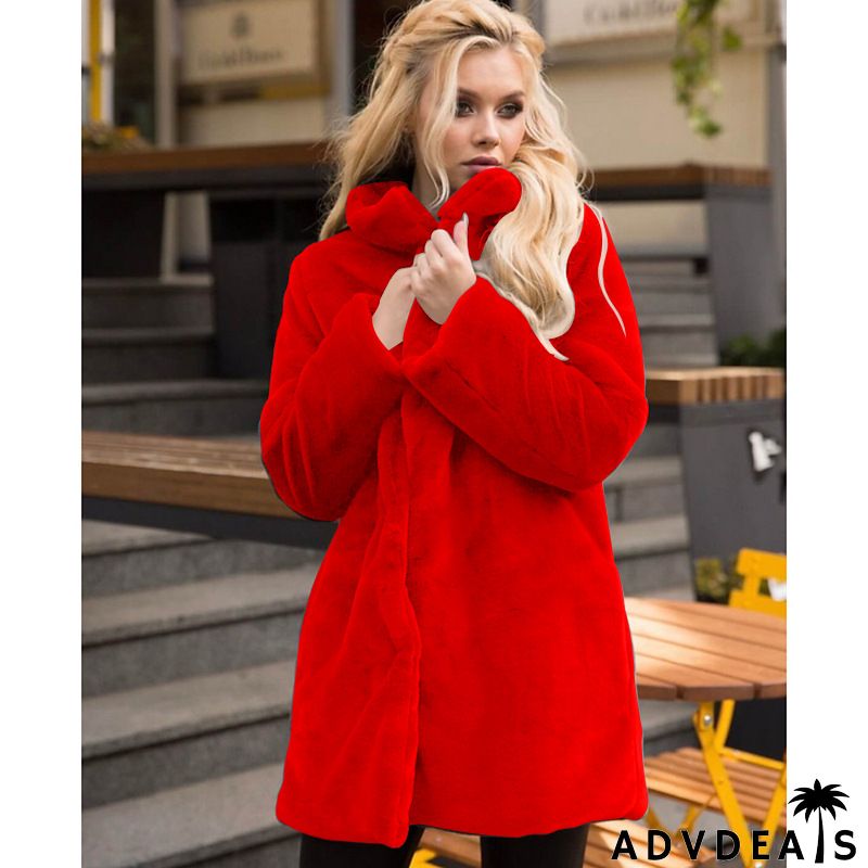 Plus Size Winter Women Standing Collar Imitation Rabbit Furplush Mid-Length Solid Color Over Coat
