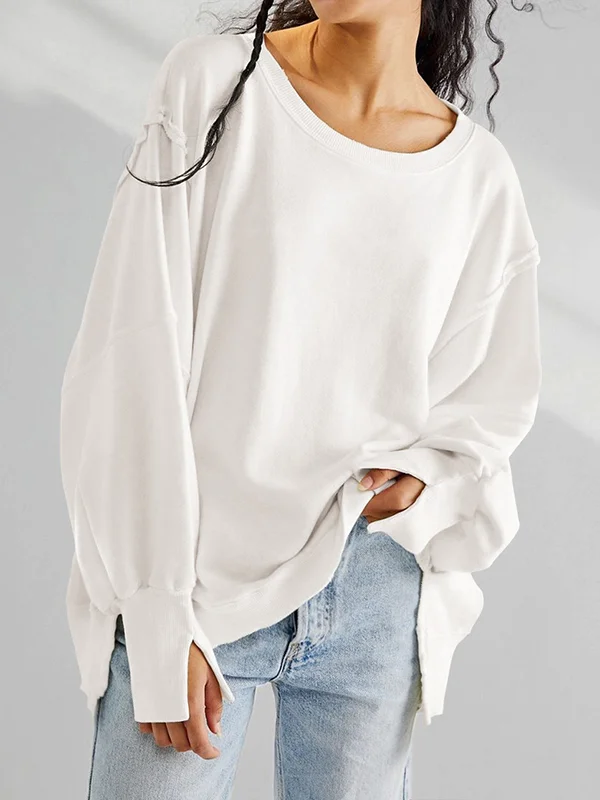 Long Sleeves Loose Fringed Solid Color Split-Joint Split-Side Round-Neck Sweatershirt