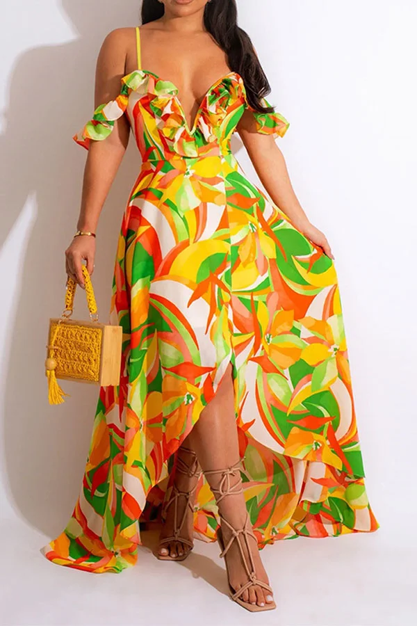 Leaf Print Tropical Ruffle Irregular Split Maxi Dress