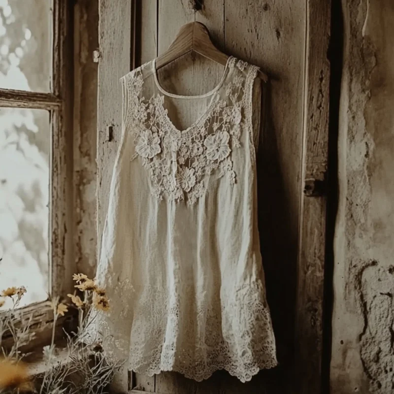 Vintage Lace Embroidery Art Linen Sleeveless Top