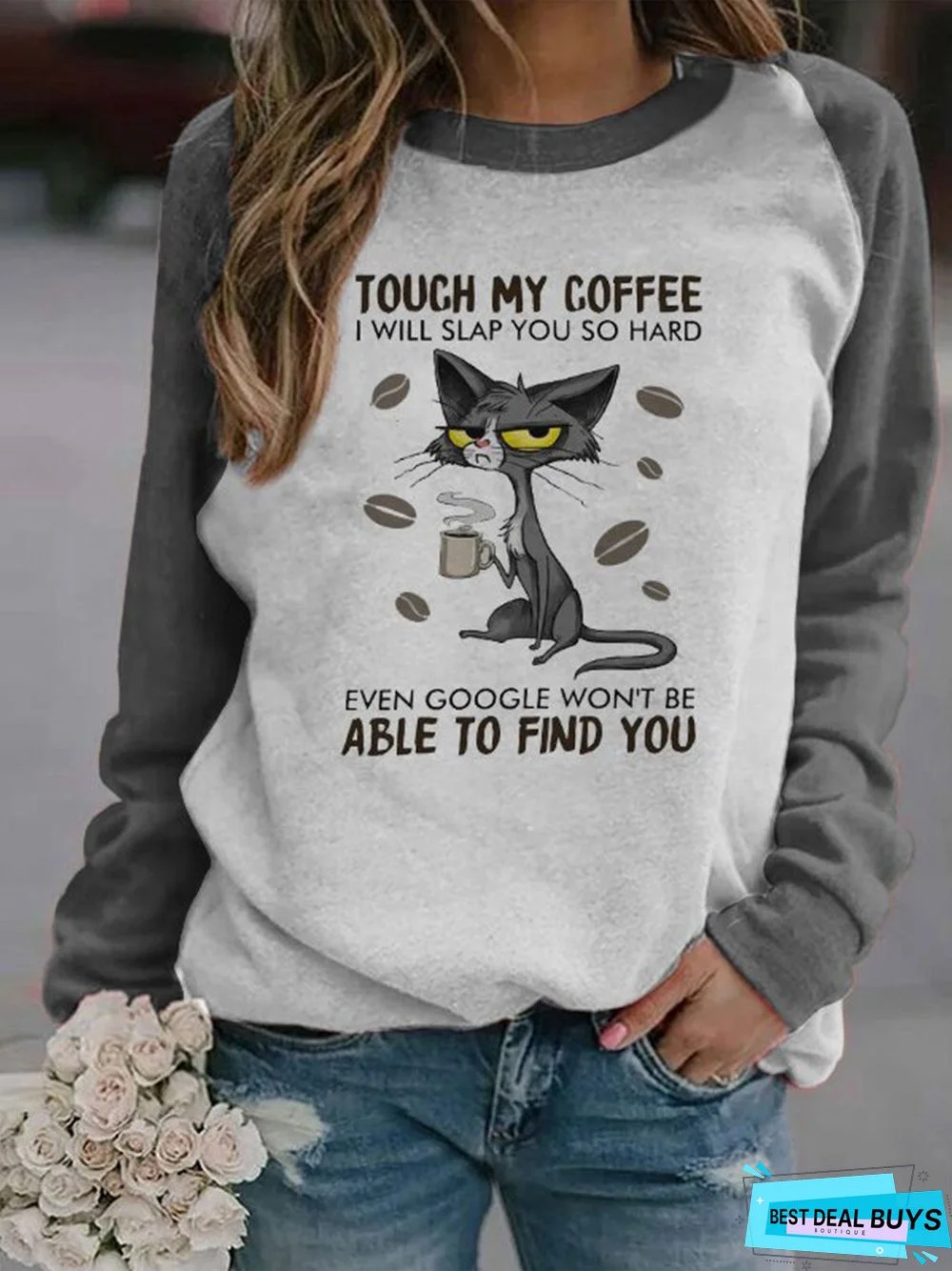 Letter Cat Print Long Sleeve Casual Sweatshirt