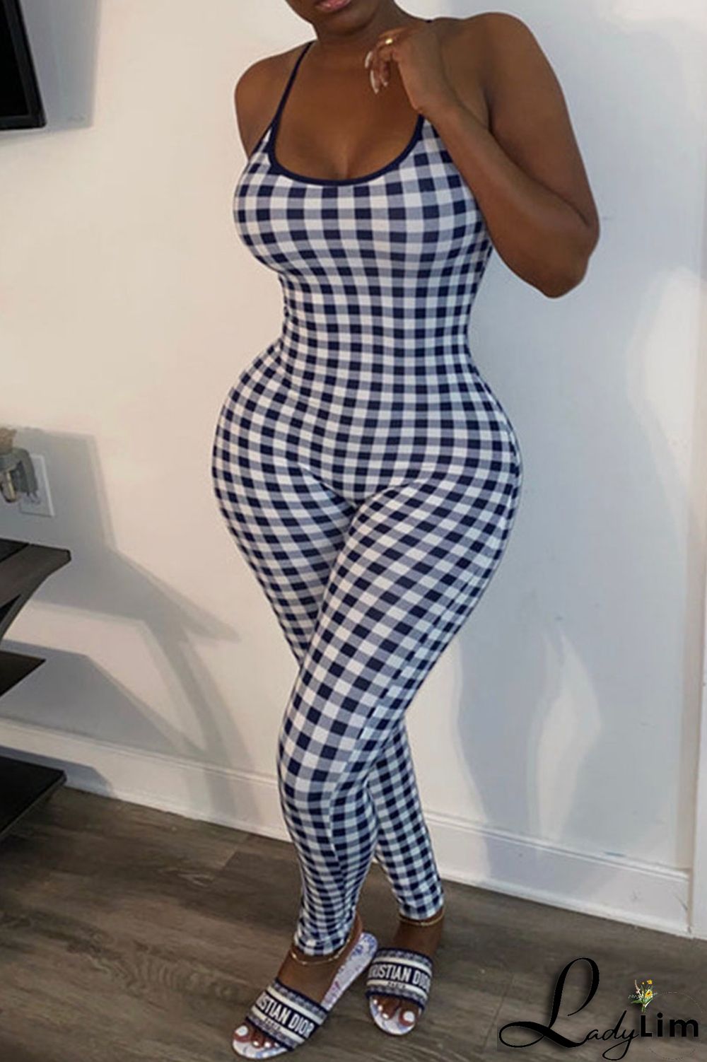 Red Sexy Plaid Print Split Joint Spaghetti Strap Regular Jumpsuits