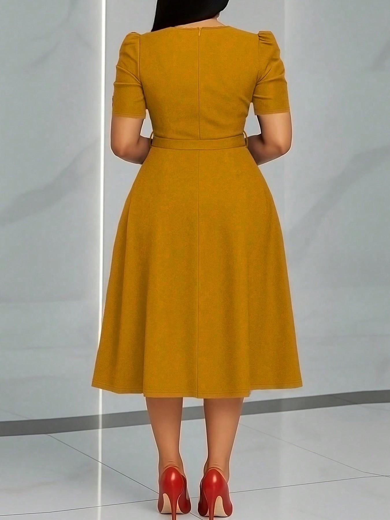 Summer Camel Bubble Sleeve Midi Dress, Slim-Fitting A-Line with Waist Belt, Elegant Chic Everyday Office Wear, Perfect for Church Weddings Summer Camel Bubble Sleeve Midi Dress, Slim-Fitting A-Line with Waist Belt, Elegant Chic Everyday Office Wear, Perfect for Church Weddings