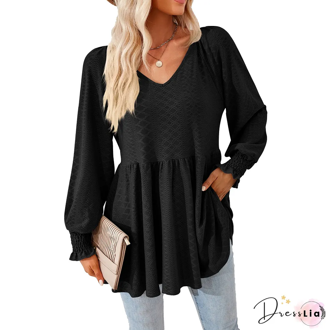 V Neck Polka Dots Long Sleeve Holiday Blouses