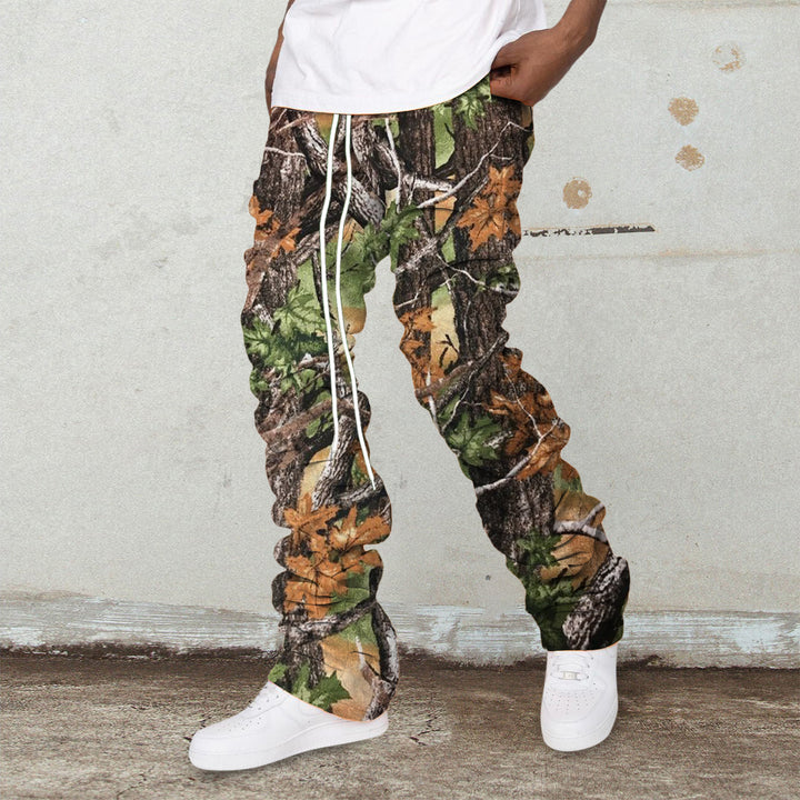 Vintage Camouflage Print Drawstring Stacked Trousers - SOPULA