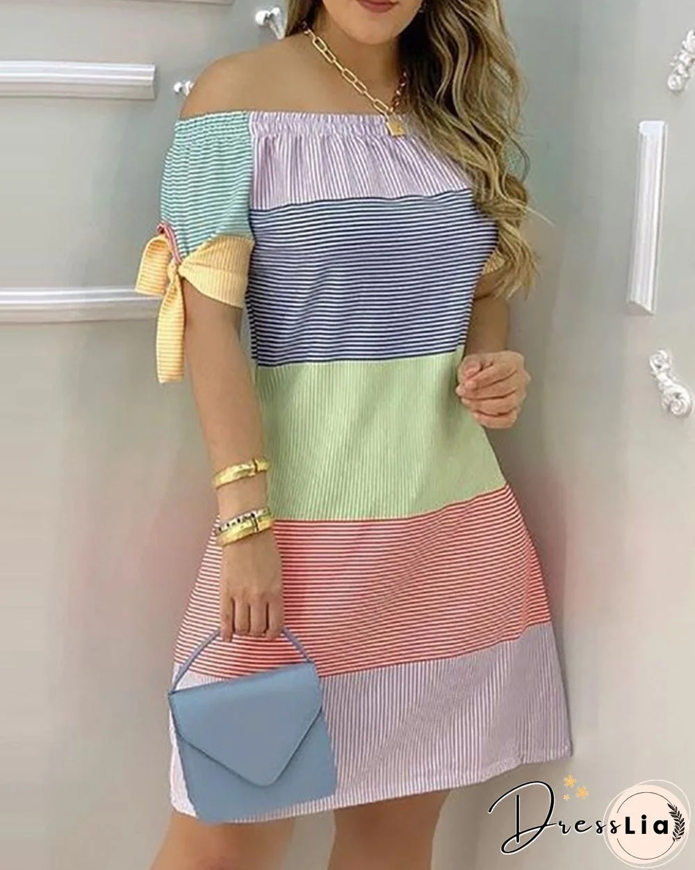 Sexy Female Casual Striped Off Shoulder Short Sleeve Mini DressFor Ladies Bow Tie Print A Line Party Short Dresses Vestidos