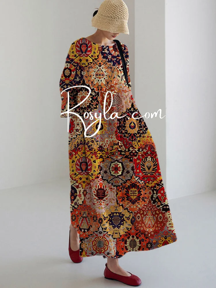 Women's Retro Ethnic Flory Print Long Sleeve Midi Dress