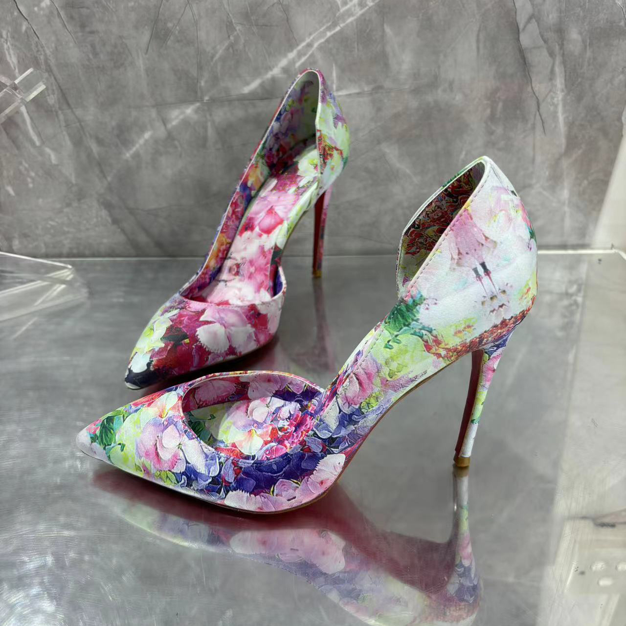 100mm Women's Pointed Toe Red Bottom Iriza Flowers Blooming Print Party Daily Wedding Pumps-MERUMOTE