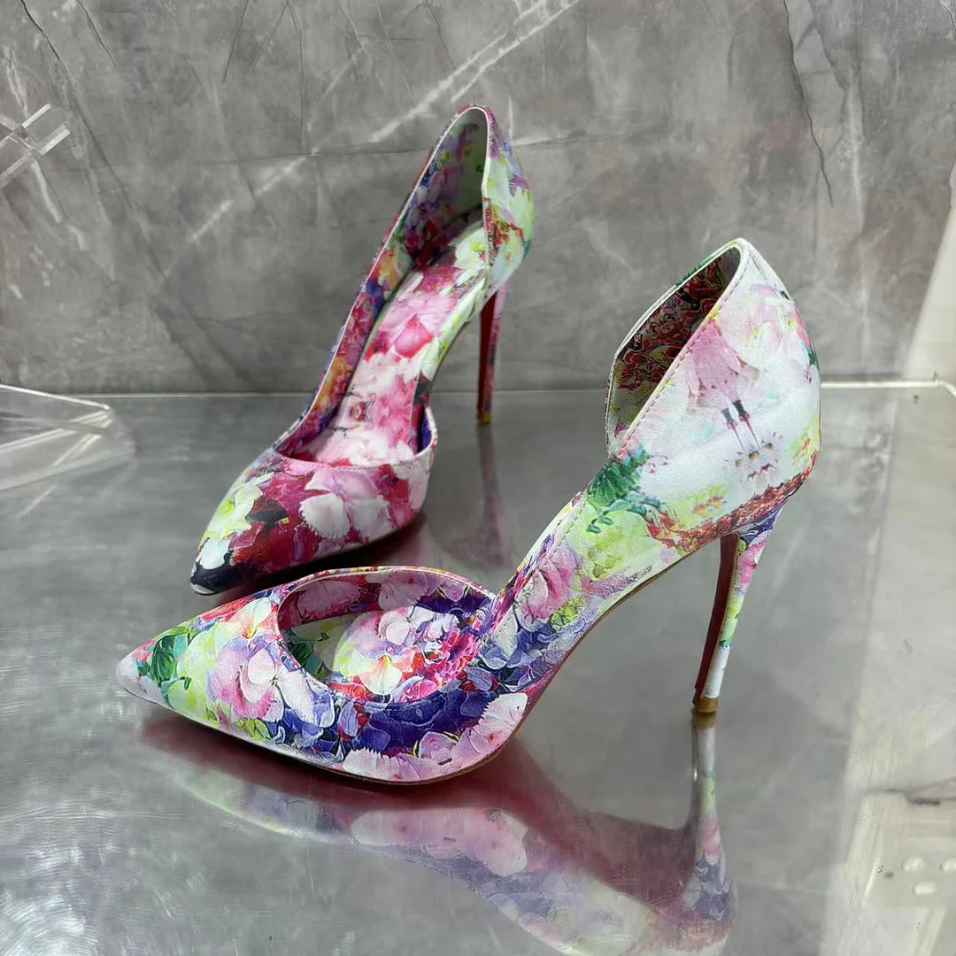 100mm Women's Pointed Toe Red Bottom Iriza Flowers Blooming Print Party Daily Wedding Pumps-MERUMOTE