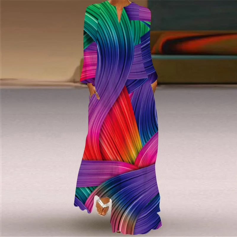 Uveng Long V-neck Printing Sleeve Pocket Printed Loose Dress