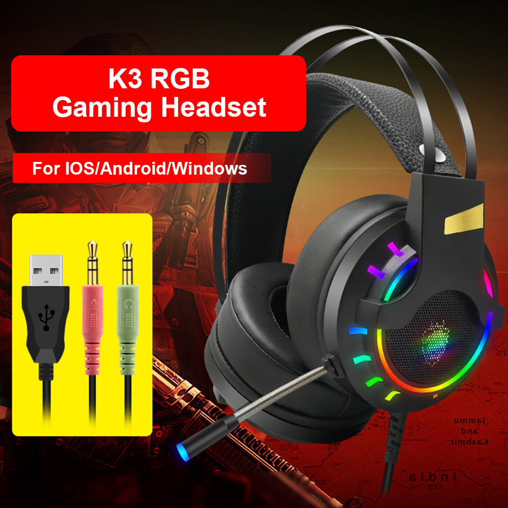 

K3 3.5mm USB 7.1 Wired Gaming Headphone RGB Audio Over-Ear Headset with MIC, 501 Original