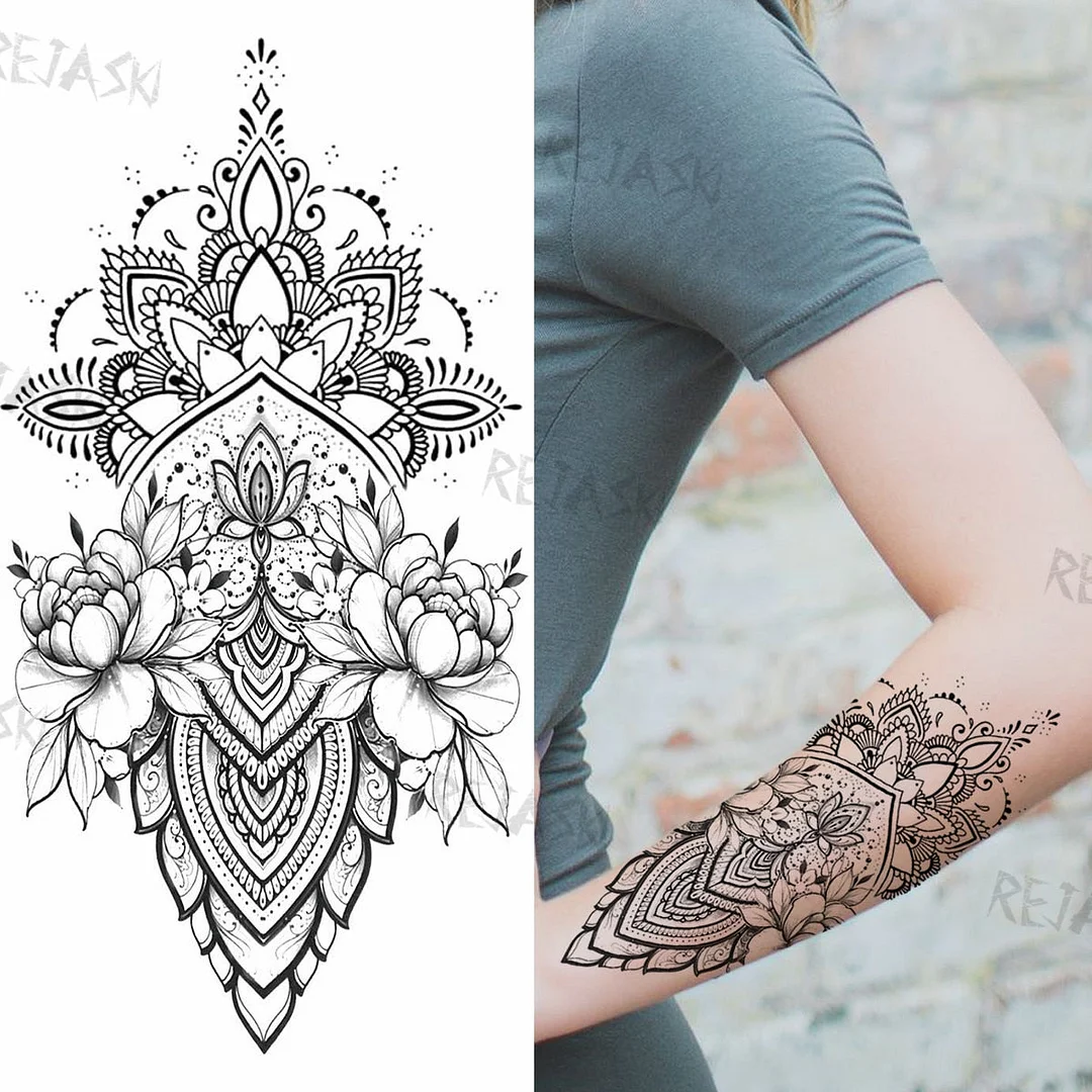 Mandala Flowers Temporary Tattoo For Women Black Henna Mehndi Tattoos Sticker Rose Lace Owl Fake Jewelry Tatoos Body Chest Back