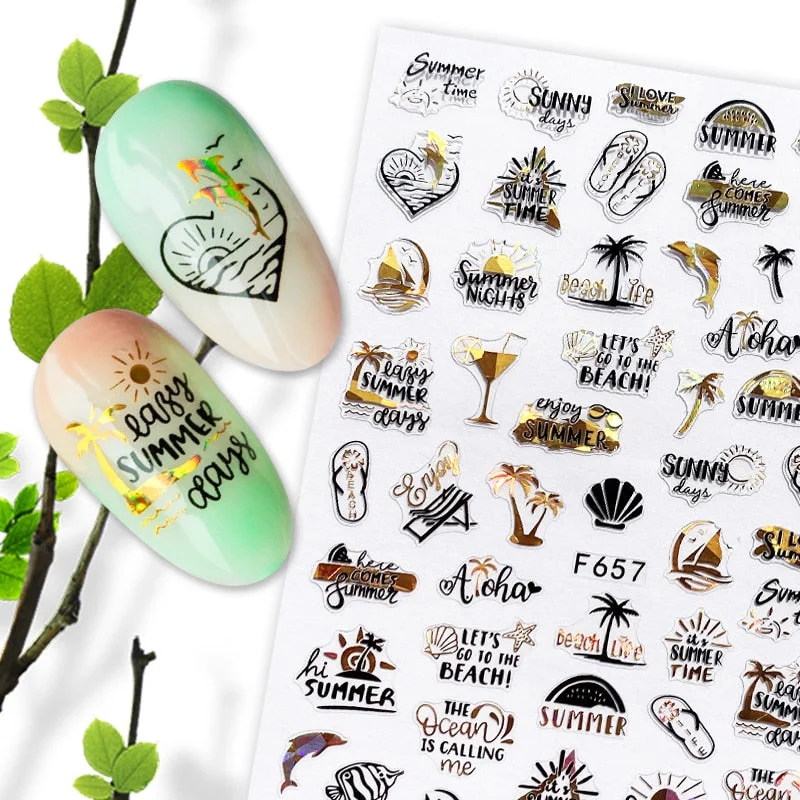 Summer Design 3D Stickers For Nails iridescent Black Gold Flower Leaf Series Decorations Sliders Nail Art Sticker Decals