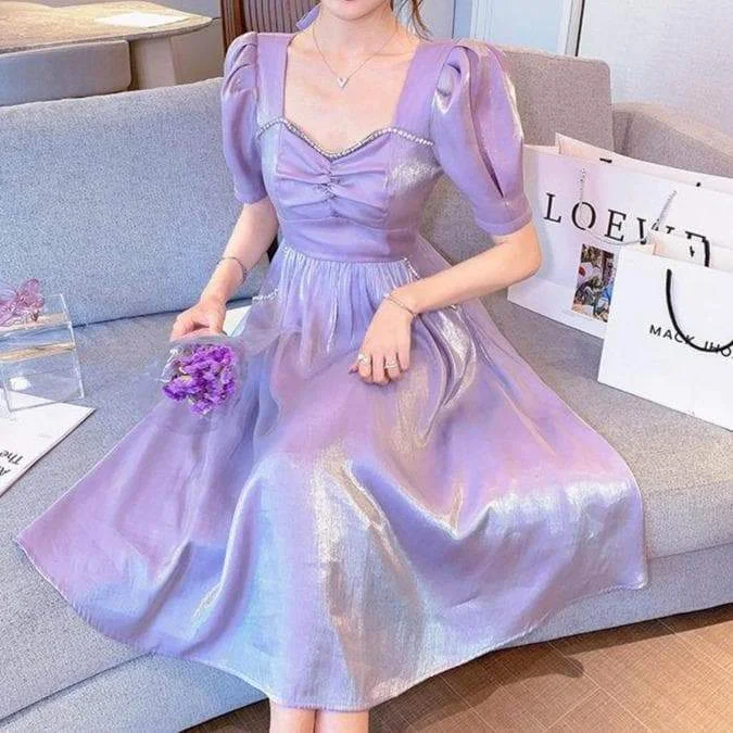 Elegant Purple Puffed Sleeves Dress SP16505